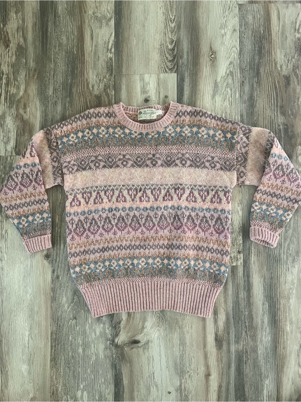 Vintage Pink Fair Isle Pastel Patterned All Wool Sweater from Scotland